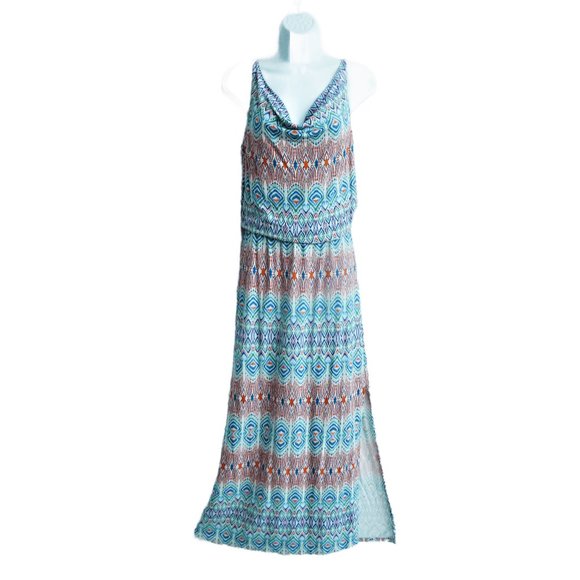 Cabi Maxi Dress Sun Aztec Drape Neckline Adj Straps Side Slit Stretch Knit M - Picture 9 of 9